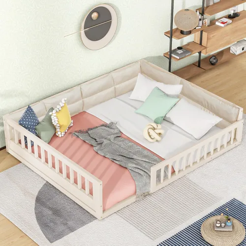 Miniatura 3 de Cama de plataforma de tamaño matrimonial con valla, plataforma tapizada de madera con barandilla y almohada, color beige