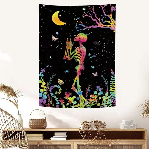 Miniatura 6 de MCKTOM Divertido tapiz de pared con luz negra, diseño de calavera y luna, diseño de esqueleto, meditación, espiritual, trippy, bohemio, flores