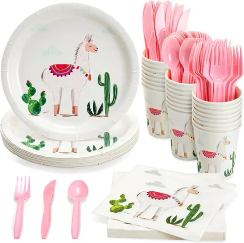 144 piezas de suministros de fiesta de cumpleaños con llama con platos de papel, servilletas, tazas y cubiertos para celebración de fiesta mexicana,