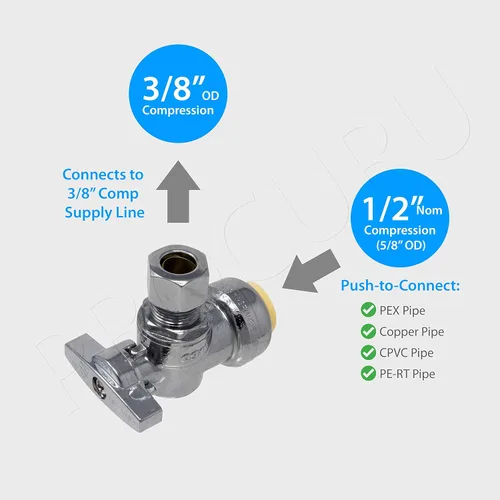 Miniatura 3 de PROCURU Paquete de 1 válvula de parada angular PushFit de 1/2 pulgada nominal x 3/8 pulgadas de diámetro exterior Comp, válvula de cierre de latón