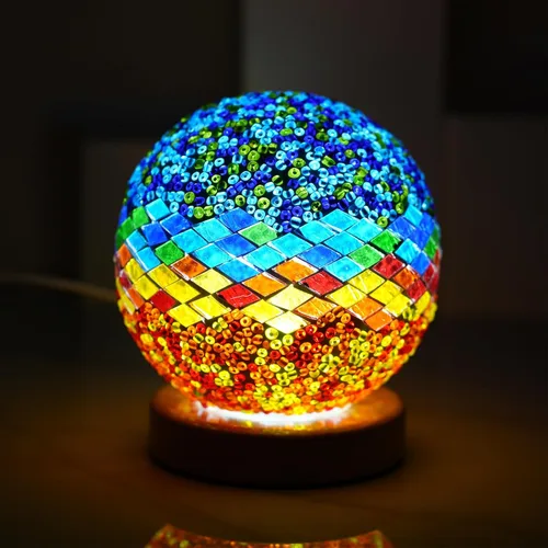 Miniatura 4 de Lámpara de mesa turca (D: 4.7 pulgadas x 5.2 pulgadas de alto), lámparas de mosaico de vidrio con base de madera, lámparas de noche Tiffany