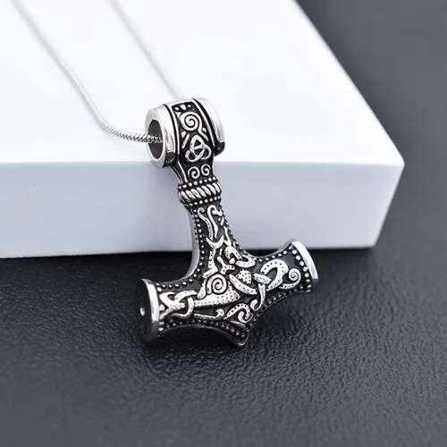 Miniatura 13 de Collar de urna de talismán de martillo de Thor vikingo nórdico para cenizas, acero inoxidable para hombre, joyería de cremación vintage, amuleto