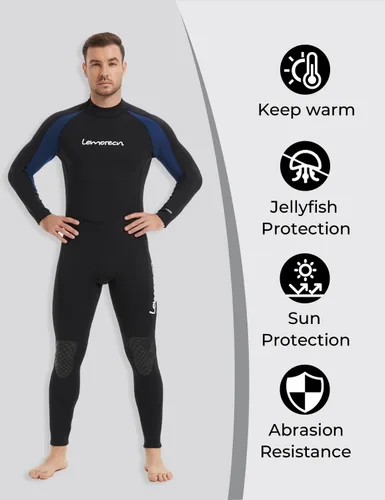 Miniatura 5 de Trajes de neopreno Lemorecn para hombre de 3/2 mm, traje de buceo de cuerpo entero Hombres 0.118 in Negro+Azul
