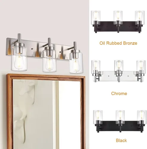 Miniatura 7 de Lámpara de tocador para baño, níquel cepillado, 3 luces, moderna lámpara de pared con pantalla de vidrio transparente, lámpara de pared rústica