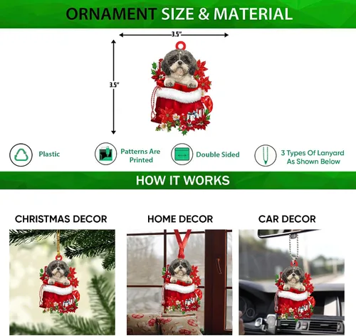 Miniatura 2 de Talataca Lhasa Apso - Bolsa de regalo de Papá Noel en color rojo, 2D, accesorios para espejo retrovisor para automóvil, adorno para árbol