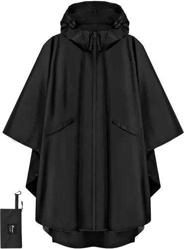 Miniatura 13 de PTEROMY Poncho de lluvia con capucha para adultos con bolsillo y cremallera, chubasquero impermeable ligero para hombres y mujeres