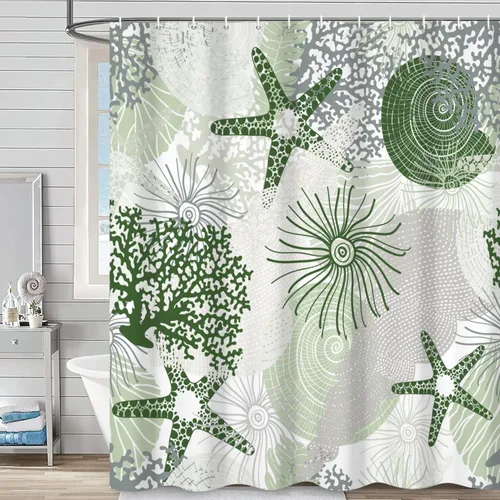 Miniatura 20 de Cortina de ducha náutica costera, cortina de baño con temática de playa y océano, decoración de baño con estrella de mar, coral, concha marina, tela