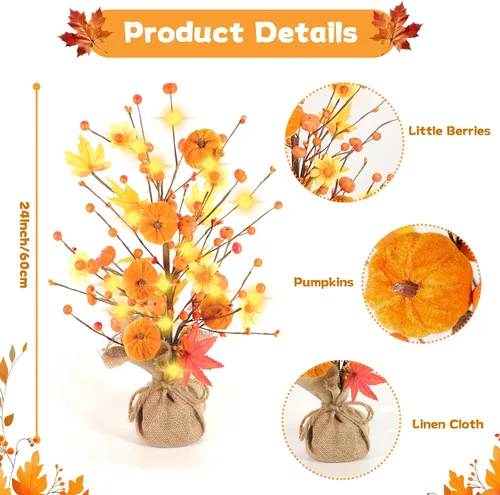 Miniatura 2 de Decoraciones de otoño para el hogar, 1 paquete de 24 pulgadas de árbol artificial de hojas de arce con luces para mesa, Acción de Gracias, cosecha