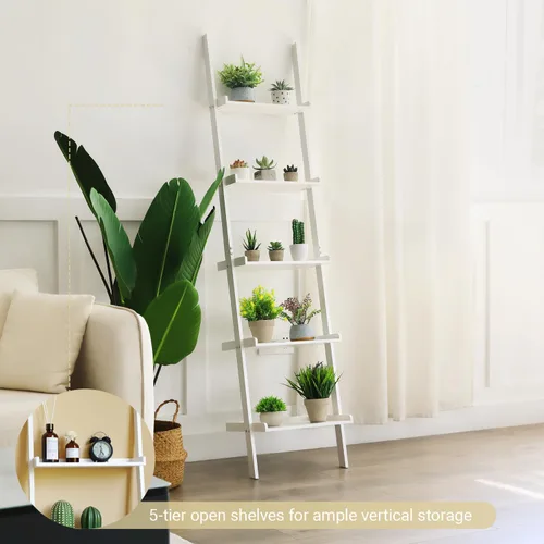 Miniatura 6 de Estantería de escalera de 5 niveles – Estante de almacenamiento, estante inclinado de pared, soporte de flores blanco independiente, estantería