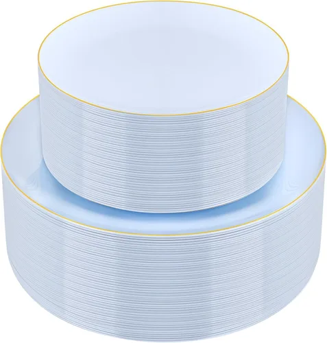 Miniatura 12 de PULOTE 100 piezas de platos de plástico verde - Platos desechables verdes con borde dorado - Incluye 50 piezas de cena de 10.25 pulgadas, 50 piezas