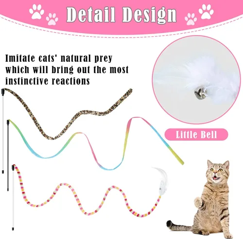 Miniatura 4 de Sumind 6 piezas de juguetes interactivos para gatos con plumas y campana, juguete de atrapasador seguro, colorido y sonoro, varita de Navidad