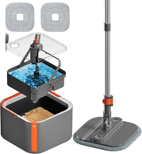 Miniatura 10 de Juego de trapeador giratorio y cubeta con 2 almohadillas de trapeador de microfibra reemplazables con sistema de separación automática de agua sucia