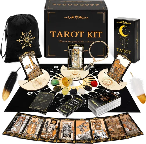 Miniatura 9 de SUGEYA 78 cartas de tarot con libro guía, juego de regalo de tarot negro con tela de tarot, piedras de chakra y más, cartas de tarot, juego