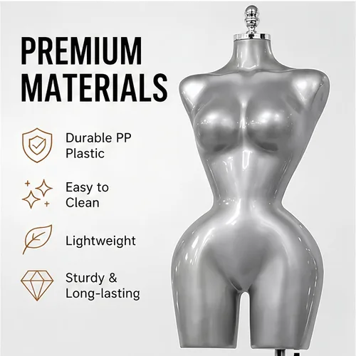 Miniatura 6 de Torso de maniquí femenino plateado, 61.4 a 86.6 pulgadas de altura ajustable con base de soporte de metal, adecuado para exhibición de ropa y joyas