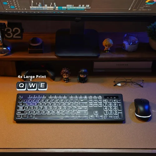 Miniatura 5 de Teclado y mouse inalámbricos retroiluminados con impresión grande, 2.4G de tamaño completo con letras grandes y llave de retroiluminación, letras
