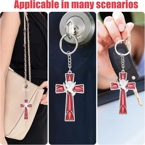 Miniatura 7 de PEUTIER 12 llaveros de cruz de paloma del Espíritu Santo rojo, llaveros de cruz y paloma con bolsas de gasa, recuerdos de confirmación católica