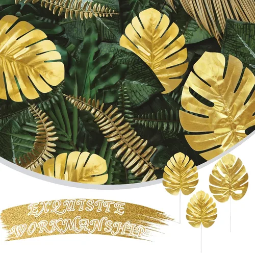 Miniatura 5 de CCINEE 24 piezas de hojas de palma artificiales doradas, 3 tamaños, hojas falsas de Monstera, simulación de hojas de safari con tallos