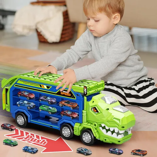 Miniatura 6 de Juguetes de camiones de dinosaurio para niños de 3, 4, 5, 6, 7, 8 años, juguetes de pista de carreras de camiones transportadores, juguete de coche
