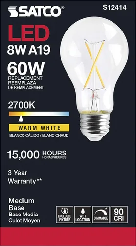 Miniatura 4 de Satco Bombillas de filamento LED regulables, S12414, lúmenes altos, 8 vatios, A19, transparente, base media E26, blanco cálido 2700K, 90+ CRI, 120