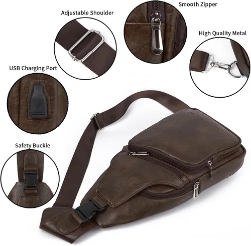 Miniatura 4 de Bolso bandolera de cuero para hombre, impermeable, bandolera con puerto de carga USB, bolsa de hombro, Café Oscuro, talla única, Viajar