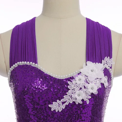 Miniatura 3 de AFAVOM Vestido de baile con lentejuelas para mujer, con tirantes cruzados, falda de malla fluida, disfraz de baile contemporáneo