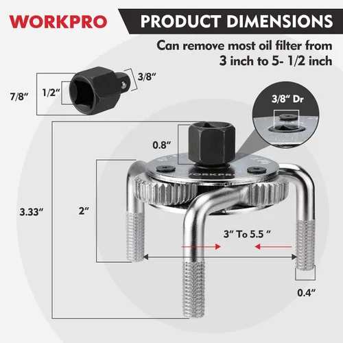 Miniatura 2 de WORKPRO Llave de filtro de aceite ajustable, universal de 3 a 5-1/2 pulgadas (2.992-5.512 in), herramienta de extracción de filtro de aceite de 3