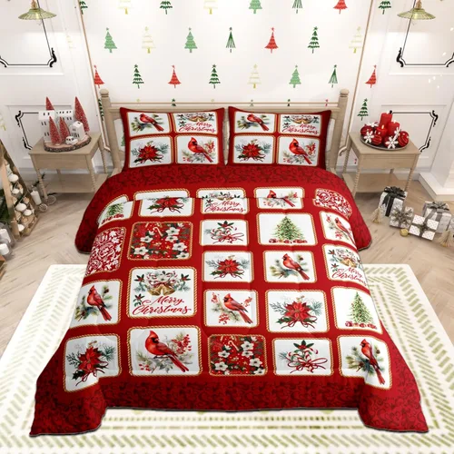 Miniatura 29 de Juego de edredón de Feliz Navidad, tamaño individual, juego de ropa de cama de flores rojas de Navidad, bayas y hojas, para niños y hombres, juego