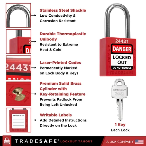 Miniatura 3 de TRADESAFE Juego de cerraduras de bloqueo - 7 cerraduras de loto rojas, cerraduras de bloqueo con llave diferente, 1 llave por cerradura, candados