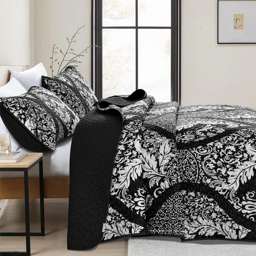 Miniatura 3 de DJY Juego de edredón negro tamaño Queen, juego de colcha de damasco bohemio, juego de ropa de cama de microfibra suave y ligera de 3 piezas