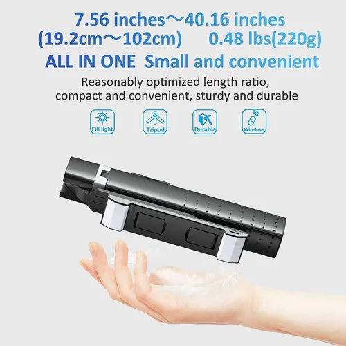 Miniatura 4 de Trípode Cuadrápode para Palo de Selfie de 41" con 2 Luces de Relleno Recargables, Trípode Extensible con Control Remoto Bluetooth, Acero Inoxidable