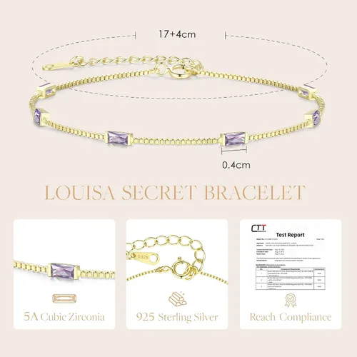 Miniatura 4 de LOUISA SECRET Birthstone Bracelets for Women, 925 Sterling Silver Dainty Simple Link Bracelet, Birthday Anniversary Jewelry Gift for Girls Women