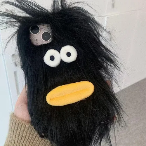 Miniatura 2 de Funda de teléfono de felpa negra para iPhone 11, linda funda DIY de pelo largo con cara divertida y abrigada, funda protectora de invierno
