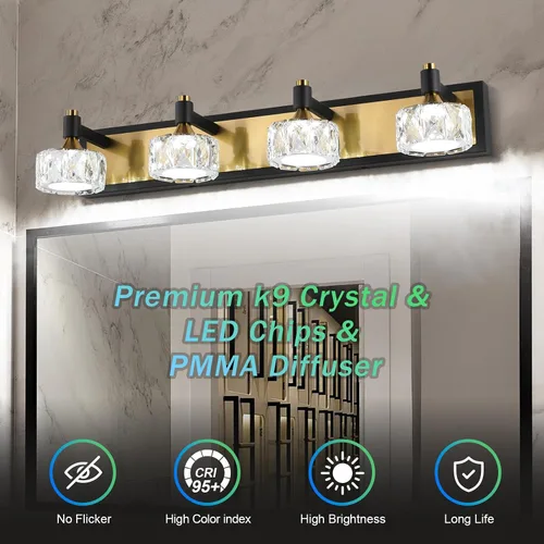 Miniatura 5 de Lámpara de baño de 3 luces sobre el espejo, luz LED regulable para tocador de baño con pantalla de cristal, lámpara de pared moderna negra y dorada