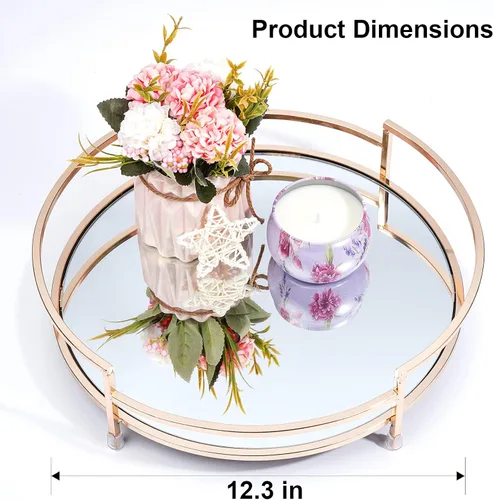 Miniatura 3 de Decoración de espejo redondo de 12 pulgadas y bandeja dorada, meseta, bandeja, espejo de metal para servir y tocador de vidrio, decorativo, baño