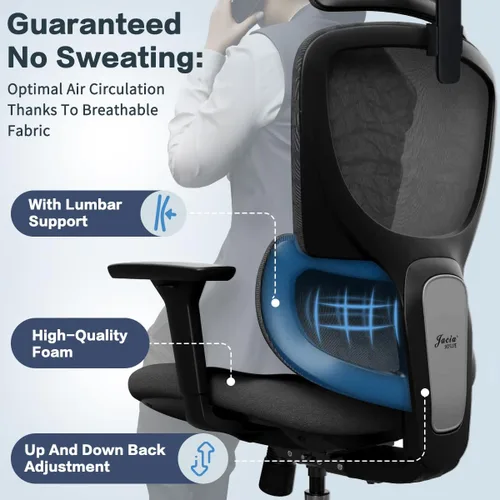 Miniatura 7 de Jacia House Silla ergonómica de malla negra para oficina en casa, silla de juegos grande y alta, soporte lumbar de alto ajuste, reposabrazos 4D