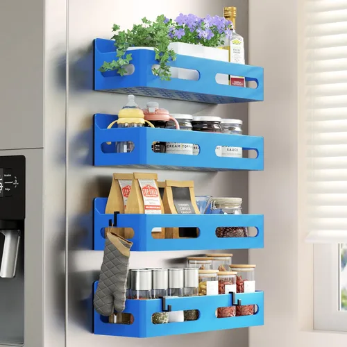 Miniatura 13 de Sevenblue Paquete de 4 estantes magnéticos para especias para refrigerador, organizador de estantes para especias, estante magnético móvil Blanco