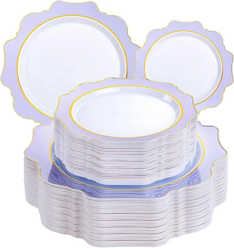 Miniatura 18 de WDF 100 piezas de platos de plástico azul - Platos desechables azul claro - Platos de plástico con borde festoneado resistente