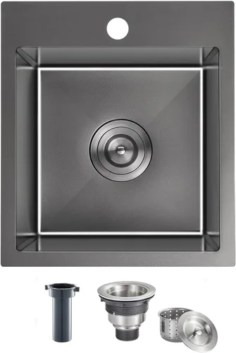Fregadero de barra empotrable de 13 × 15 pulgadas negro - Fregadero de cocina pequeño de montaje superior de un solo cuenco, hecho a mano de acero