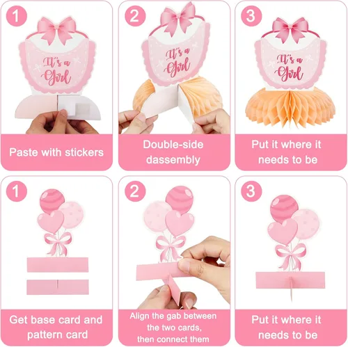 Miniatura 5 de 12 centros de mesa de nido de abeja con lazo rosa para baby shower, decoración de mesa en 3D para decoración de mesa en baby showers, revelaciones