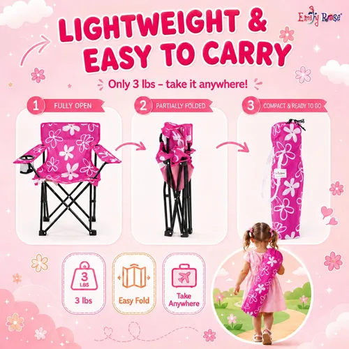 Miniatura 4 de Emily Rose Silla de campamento de playa plegable rosa para niños con portavasos, bloqueo de seguridad y funda de transporte, silla para niñas de 2 a