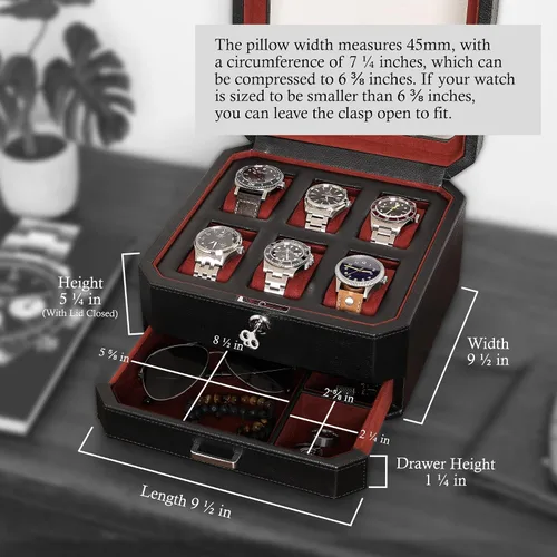 Miniatura 2 de ROTHWELL Caja de reloj de cuero con 6 ranuras y cajón de valet, organizador de exhibición de lujo para relojes, forro de microgamuza, soporte
