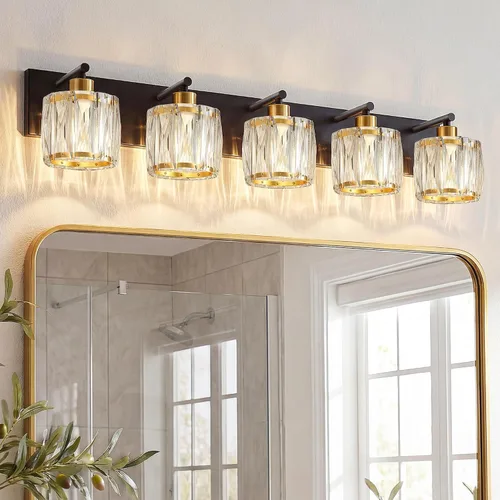 Miniatura 31 de VOLISUN Luces de tocador de cristal – 4 luces modernas de acero inoxidable para baño sobre espejo, acabado cromado – Certificado UL
