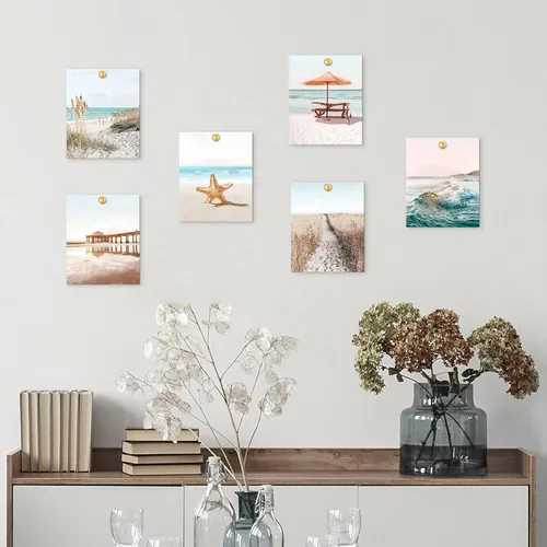 Miniatura 7 de Juego de 6 impresiones costeras para pared, diseño estético junto al mar, estrellas de mar, arena, paseo marítimo, olas del océano, pósteres