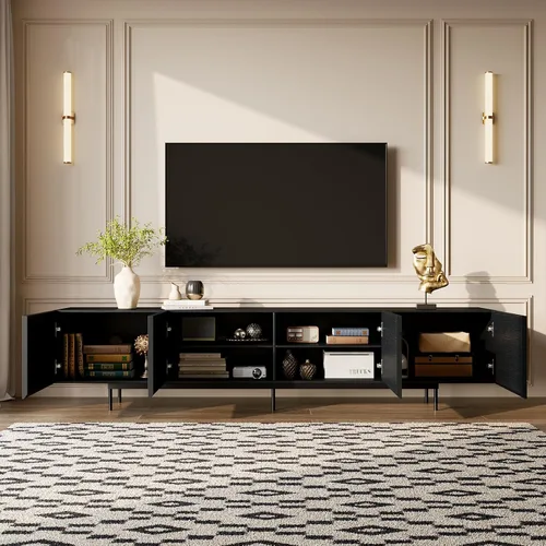 Miniatura 5 de Soporte de TV moderno de mediados de siglo, consola negra de 94.5 pulgadas para televisores de 65 a 85 pulgadas, 4 puertas de gabinete con 6