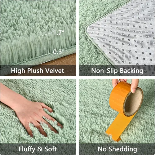 Miniatura 4 de Alfombras verdes suaves para dormitorio, alfombra de noche de 2 x 6 pies, alfombras esponjosas de felpa, alfombra de área moderna peluda para sala