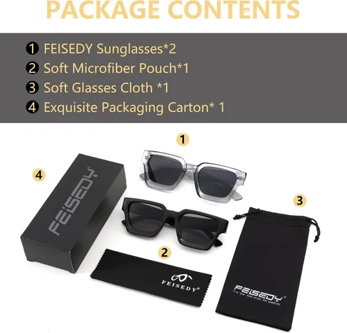 Miniatura 27 de FEISEDY Gafas de sol cuadradas retro de los años 90 para mujeres y hombres, gafas de sol rectangulares gruesas de moda con protección UV400 B2385