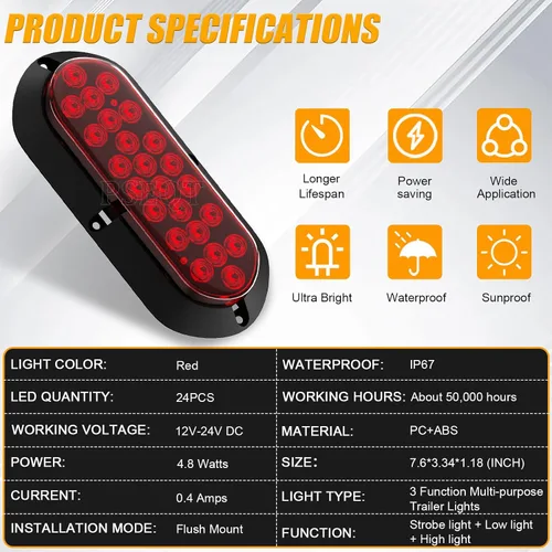 Miniatura 6 de PSEQT Luces traseras LED rojas de 6 pulgadas para remolque, 24 LED, ovaladas, parada de freno, giro trasero, marcador de identificación, luces Rojo