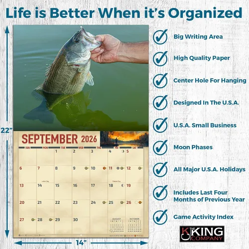 Miniatura 4 de Calendario de pared de pesca de lubina 2026, 16 meses, tamaño XL, 14 x 22, trofeo de agua dulce boca larga y lubina de boca pequeña, calendarios The