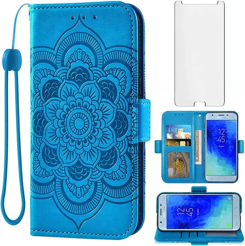 Compatible con Samsung Galaxy J3 Orbit J 3 Star 2018 3J Achieve - Funda tipo cartera de vidrio templado, protector de pantalla con tapa abatible,