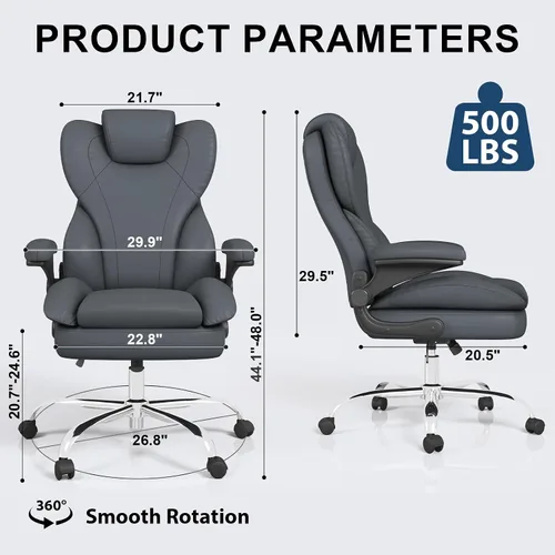Miniatura 3 de Hovos Silla de oficina, ergonómica grande y alta silla de cuero de escritorio con brazos abatibles acolchados, bloqueo de inclinación ajustable, Gris